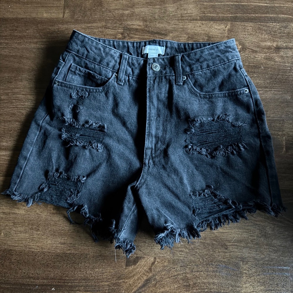 Forever 21 Distressed Black Denim Shorts High Waisted Raw Hem Medium